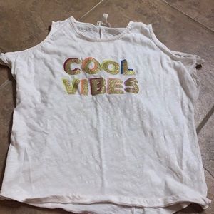 “Cool Vibes” Sparkly open shoulder shirt